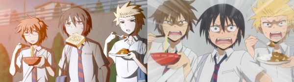 Reparem no café da manhã do Hidenori e do Yoshitake, agora reparem no do Tadakuni. Já da pra perceber quem é normal, né?