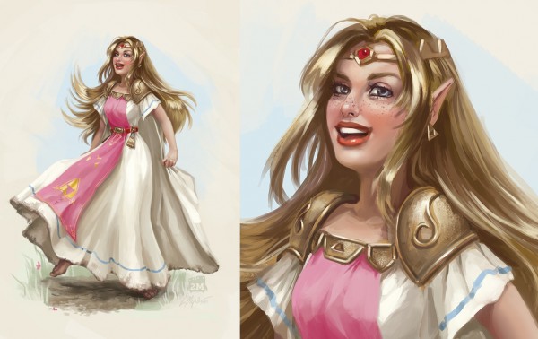 Essa que eu fiz! A Zelda fofa brincando no jardim do castelo :D Adicionei um zoom da imagem ao lado, mas a original é um poster vertical só - como de todas outras meninas.