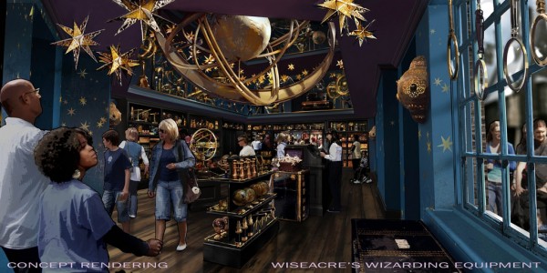 Concept art da loja Wiseacre's Wizarding Equipment.