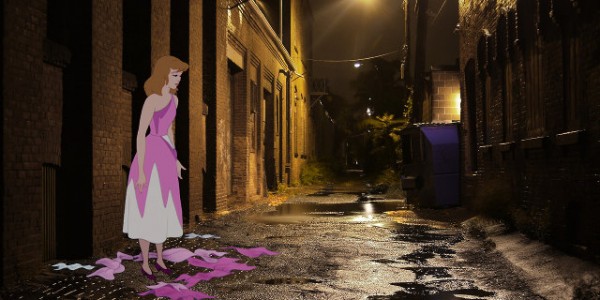 Urban Alleyway with Puddles at Night