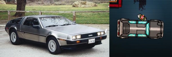 O carro de Jacket é inspirado no clássico modelo DeLorean com pequenas modificações como as luzes dianteiras retráteis