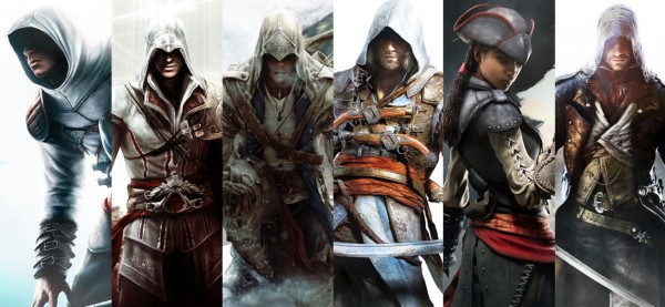 Da esquerda para direita: Altair, Ezio, Connor, Edward, Aveline e Arno.